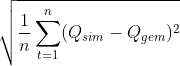 \sqrt{\frac{1}{n}\sum_{t=1}^{n}(Q_{sim} - Q_{gem})^2}